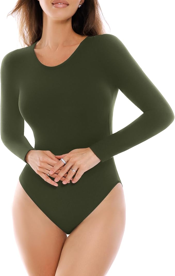 SINOPHANT Long Sleeve Bodysuits for Women Crew Round Neck Basic Stretchy Slim Fit Body Suit Tops