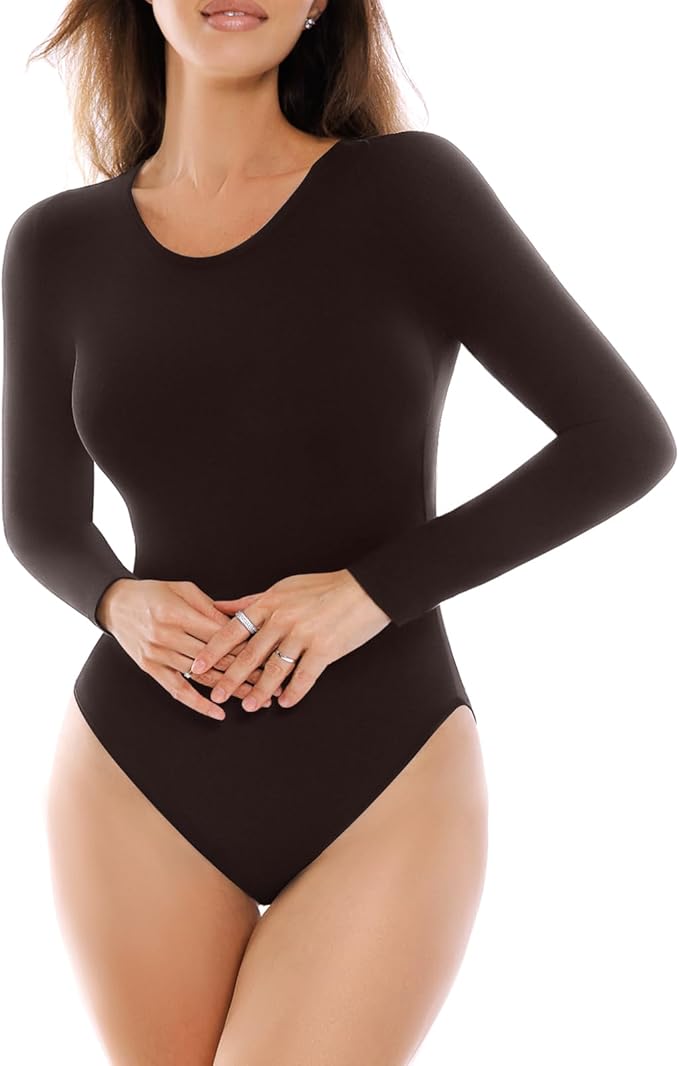 SINOPHANT Long Sleeve Bodysuits for Women Crew Round Neck Basic Stretchy Slim Fit Body Suit Tops