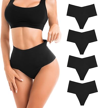 SINOPHANT High Waisted Thongs for Women, No Show Underwear Tummy Control Panties 4 Packs