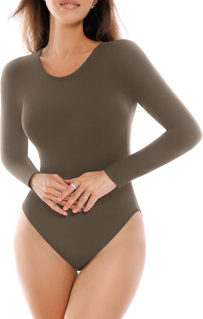 SINOPHANT Long Sleeve Bodysuits for Women Crew Round Neck Basic Stretchy Slim Fit Body Suit Tops