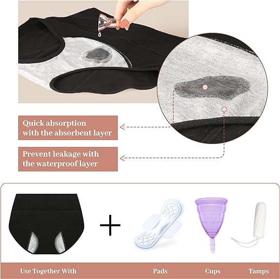 Menstrual Underwear for Women, Cotton Knickers Multipack with Leakproof Crotch for Heavy Flow Extra Protection