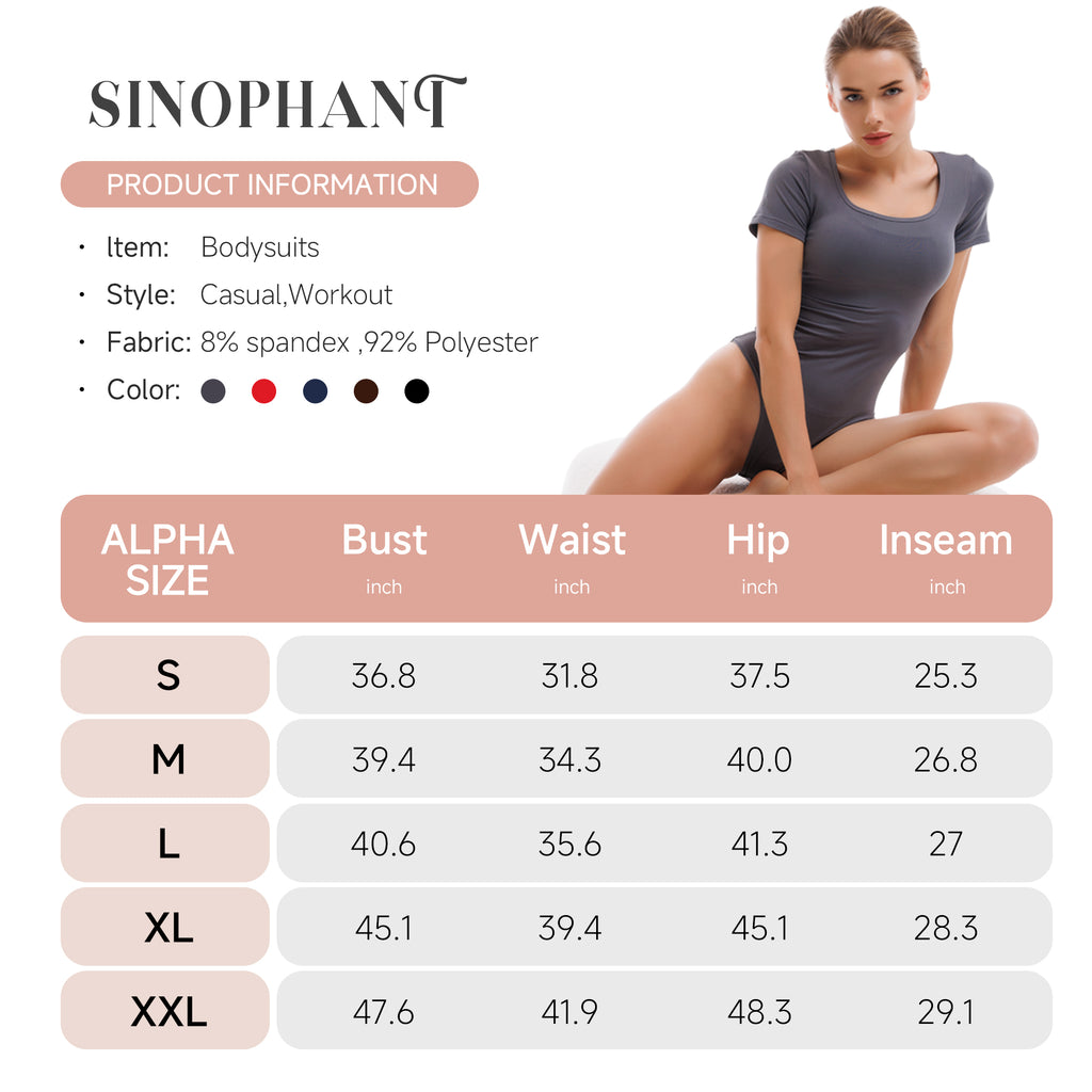 SINOPHANT Short Sleeve Bodysuits for Women Scoop Neck Bodysuit Stretchy Basic T Shirt Tops